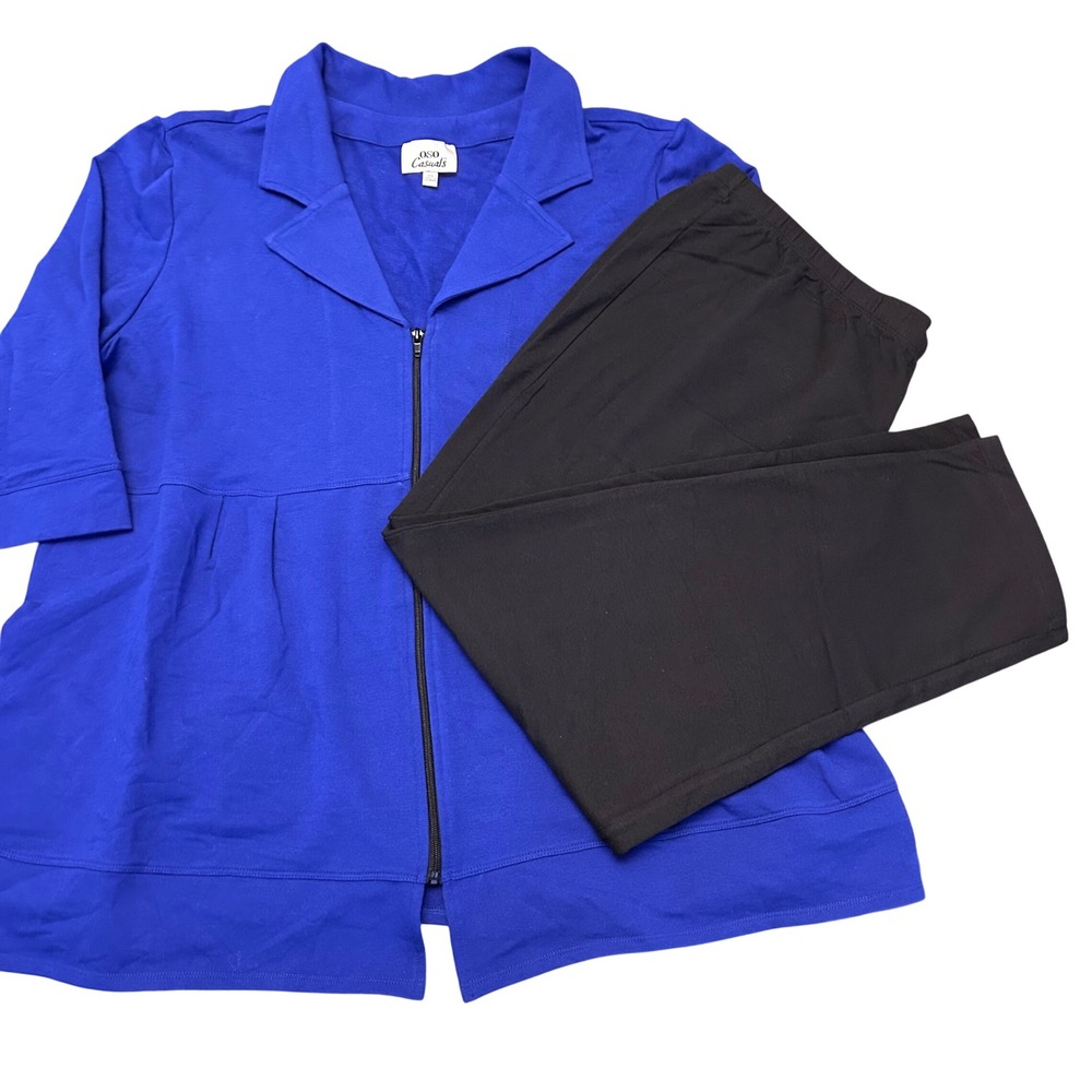 OSO Casuals 2-Pcs Set Women 2X Blue Zip Jacket Black Elastic waist Pants Stretch